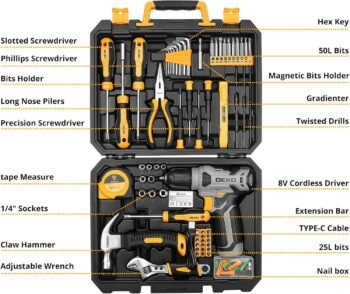Tool Kit: DEKO Drill Set with Cordless Drill, Tool Kit Set Box, DIY Hand Tools for Men and Home, with 8V Electric Drills,126 Piece